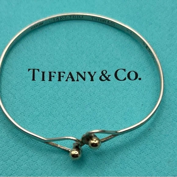 SOLD TIFFANY & Co. Sterling Silver 925 & 14K YG Double Heart  Bangle Bracelet - Picture 2 of 5